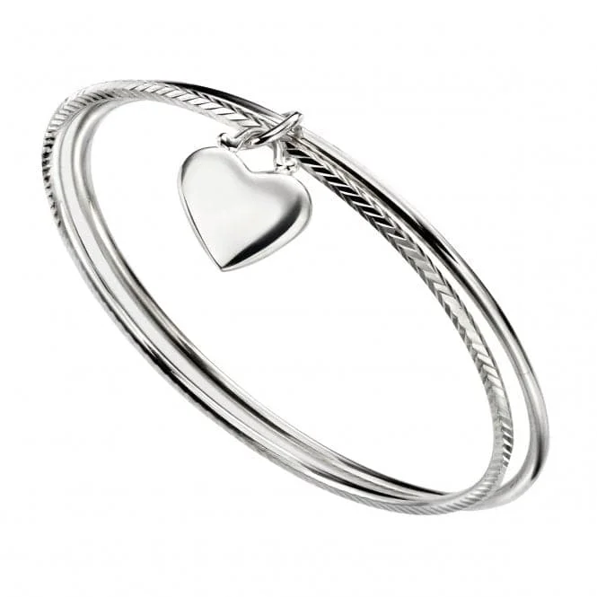 Glossy bead bangles-Beginnings Sterling Silver Double Diamond Cut With Heart Bangle B5066