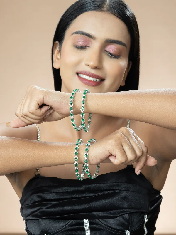 Oak grain bangles-Silver-Plated Bangles Set with Rhodium Finish and Green White Zircon Stones