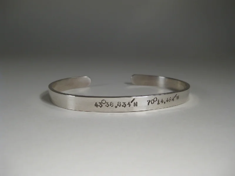 Bright cuff bracelets-Men's Sterling Silver Cuff w/ Latitude & Longitude, 6mm