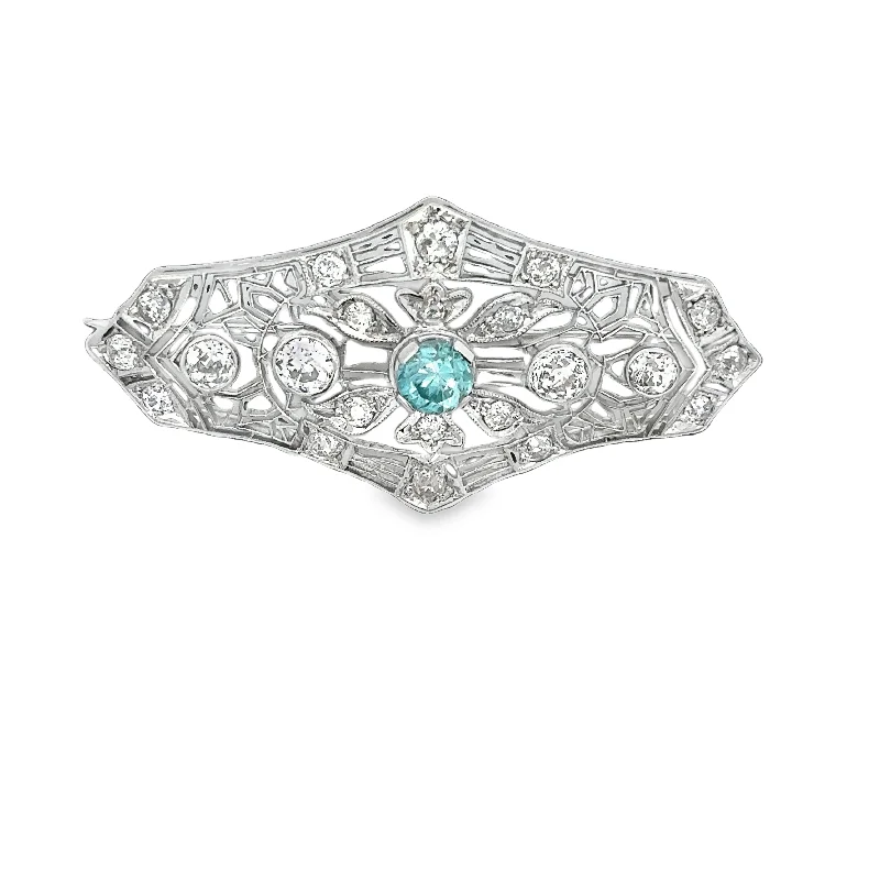 Luxe velvet brooches-Vintage Art Deco Blue Zircon and Diamond Brooch in White Gold