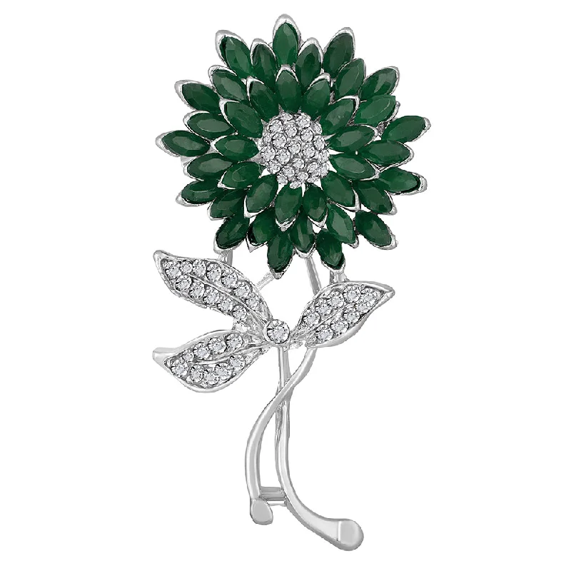 Art deco brooches-Mahi Green and White Crystals Sunflower Brooch / Lapel Pin for Women (BP1101085RGre)