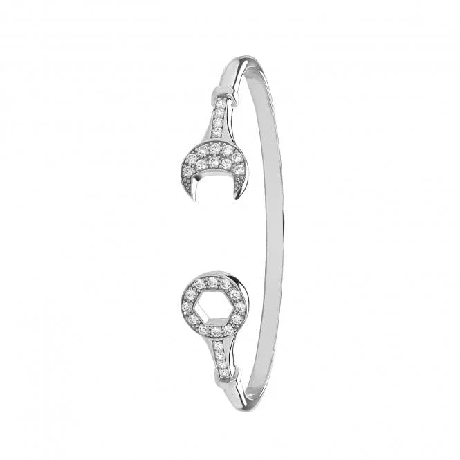 Woven cord bracelets-Acotis Silver Bangle Maidens Oval Zirconia Spanner G4105M