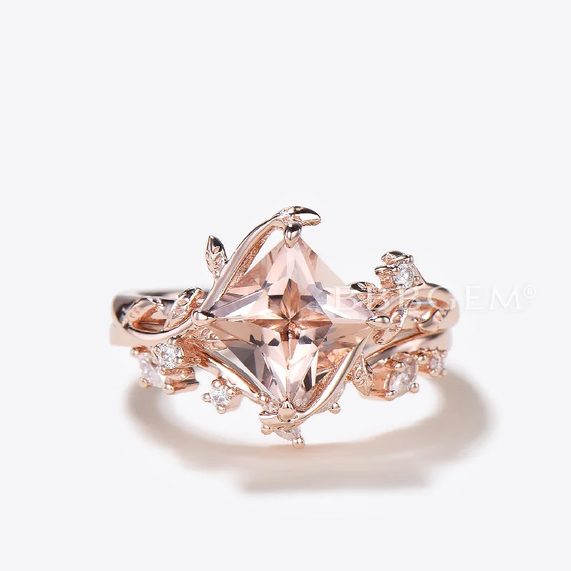 Flow shape rings-Princess Cut Morganite Leaf Engagement Ring Diamond Nature Inspired Bridal Set