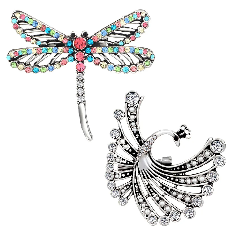 Leather accent brooches-Mahi Combo of Butterfly and Flying Peacock Shaped Wedding Brooch / Lapel Pin with Multicolor Crystals for Women (CO1105512R)