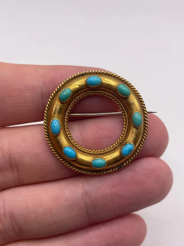 Moroccan style brooches-Antique 15ct gold turquoise brooch