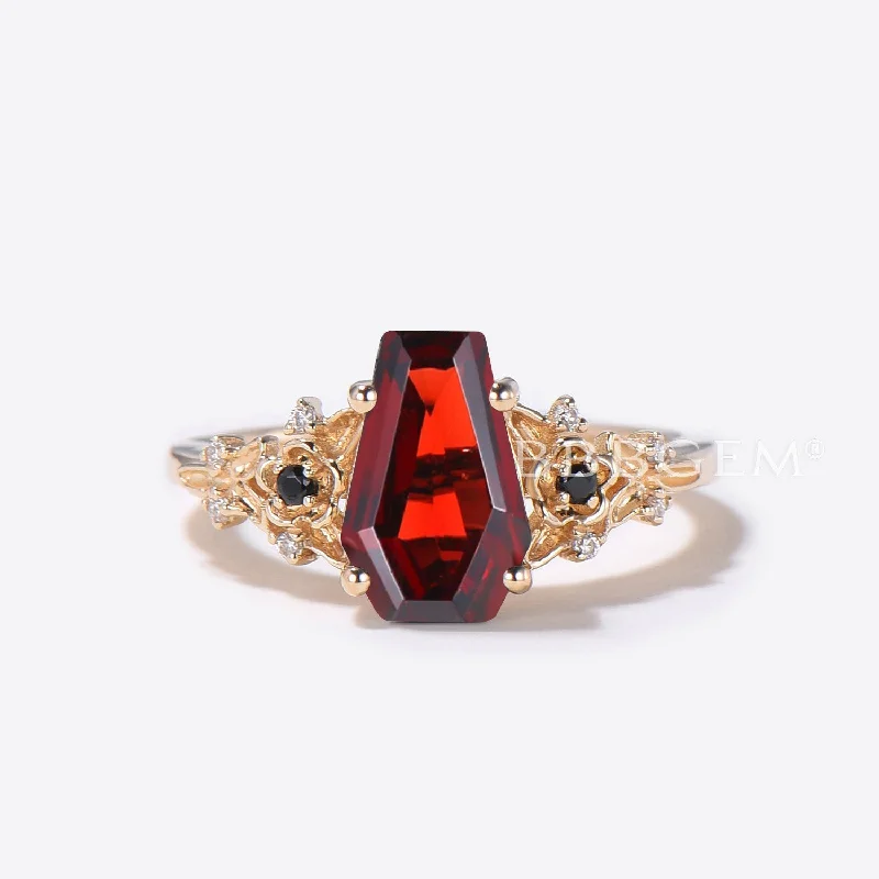 Firm clasp rings-Vampaire Themed Nature Inspired Coffin Shaped Natural Garnet Ring Women