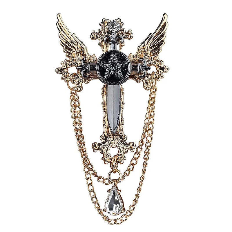 Peacock feather brooches-Mahi Black Cross and Wings Hanging Chain Sherwani Brooch with Crystal for Men (BP1101088G)