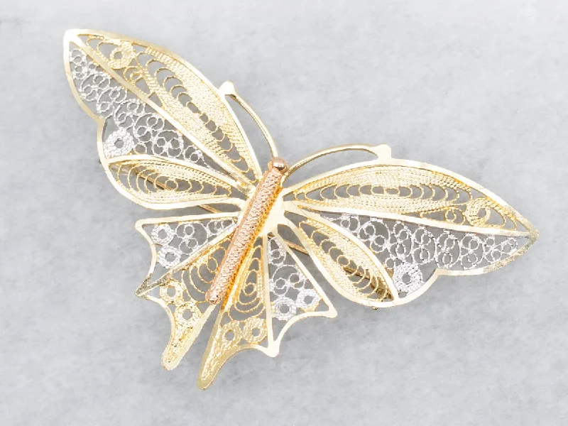 Rainbow bead brooches-Pretty Gold Filigree Butterfly Brooch