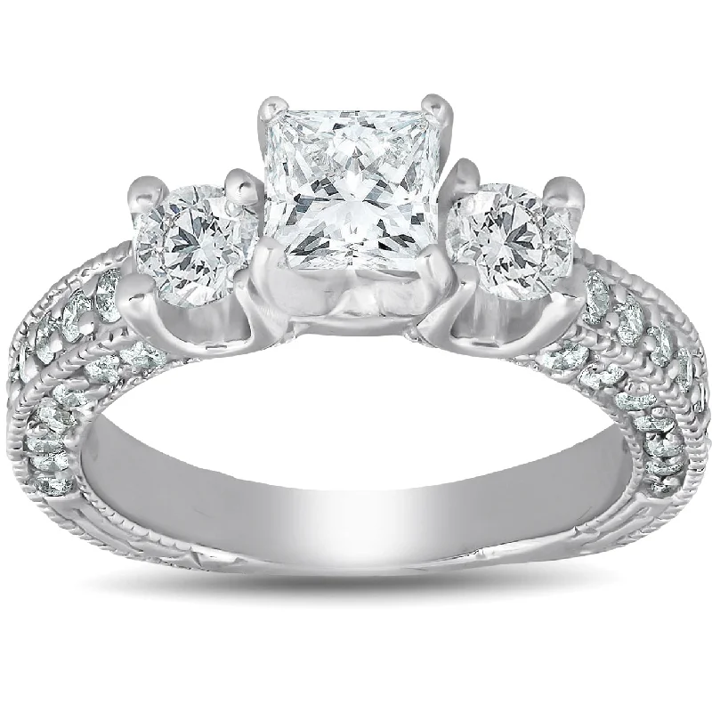 Solid band rings-2 1/4ct Princess Cut 3 Stone Enhanced Diamond Vintage Engagement Ring 14K