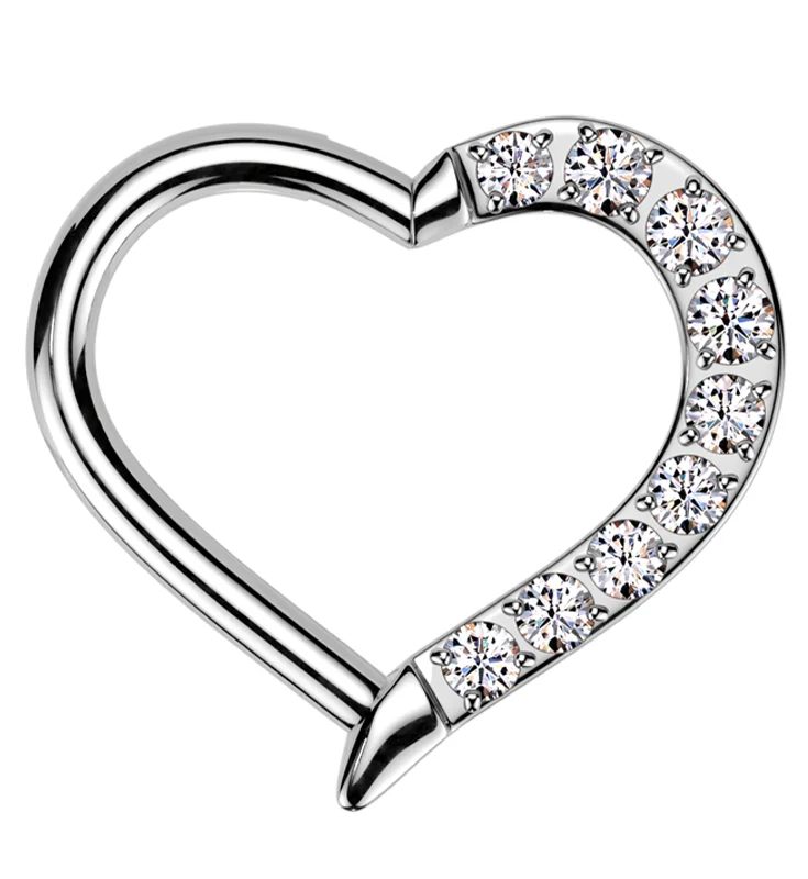 Ripple theme rings-Split Heart Clear CZ Titanium Hinged Segment Ring