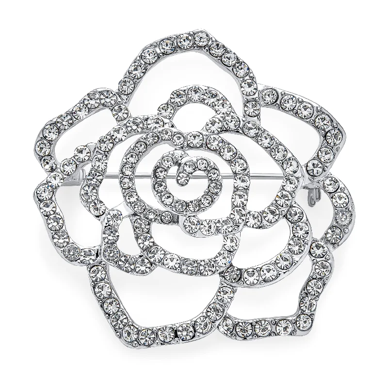 Star motif brooches-Sparkling Rose Flower Brooche Pin with Crystals Silver Tone Rhodium Plated