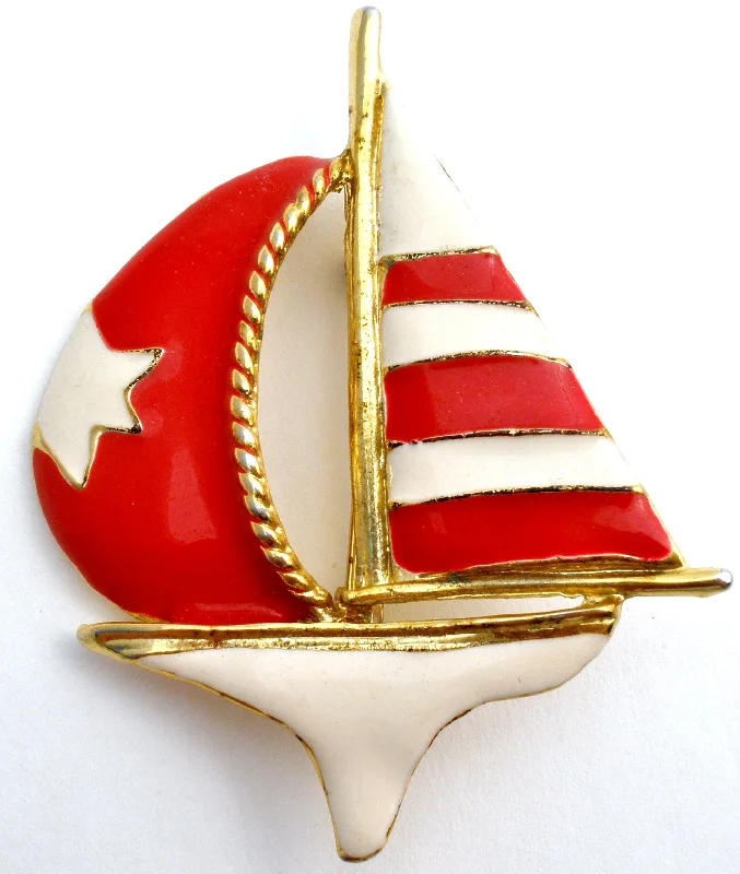 Opal inlay brooches-Sailboat Brooch Red & White Star Enamel Nautical Pin Vintage