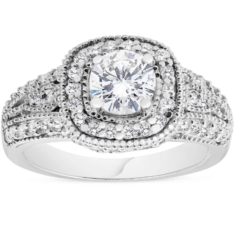 Fine design rings-1 1/3ct Vintage Cushion Halo Engagement Diamond Ring Antique Filigree 14K Round