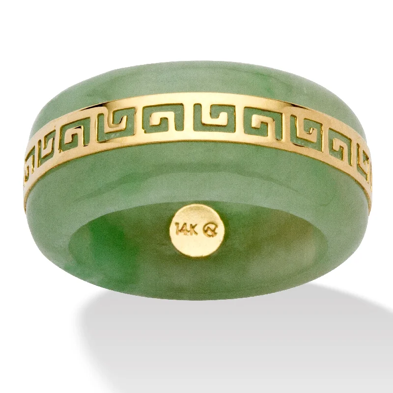 Round gem rings-Genuine Green Jade 14k Yellow Gold "Greek Key" Ring