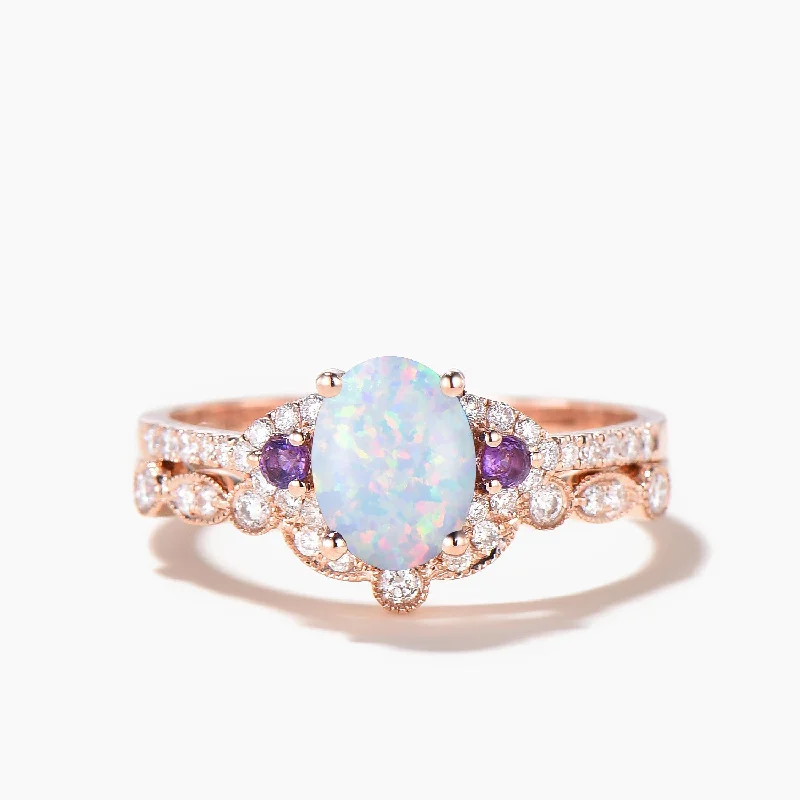 Ruby inlay rings-Oval Cut Opal Amethyst Cluster Engagement Ring Half Eternity Diamond Bridal Set