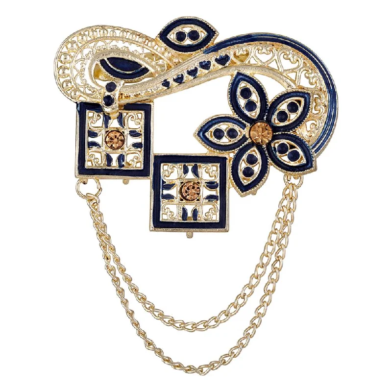 Dangling charm brooches-Mahi Navy Blue Meenakari Work Enamel Square and Floral Design Dual Layer Chain Shervani / Indowestern Brooch for Men (BP1101119GNBlu)