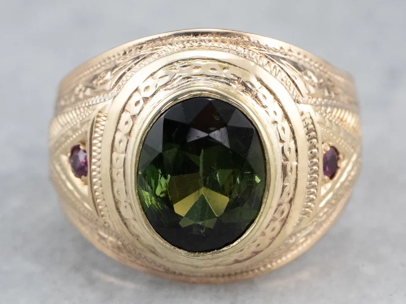 Fine form rings-Men's Green Tourmaline and Ruby Ring