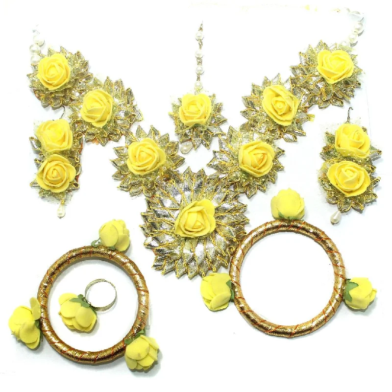 Petal carved bracelets-Gotta Patti Necklace Set with Maang Tikka, Earrings, Ring and Bangle Yellow