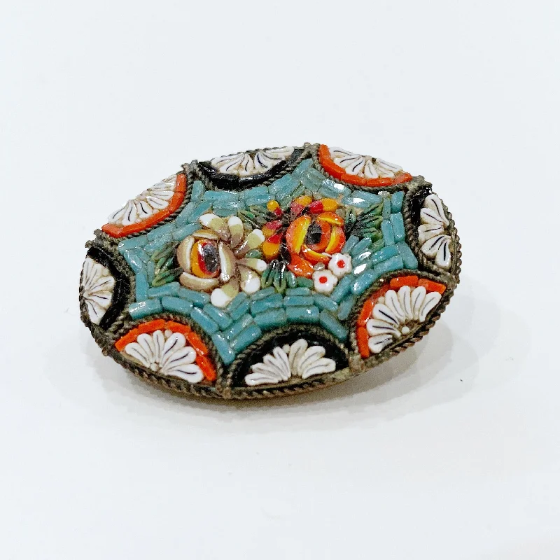 Leaf-shaped brooches-Italian Micro Mosaic Brooch