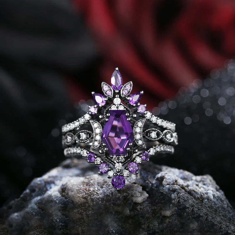 Clear diamond rings-Crescent Moon | Coffin Cut Natural Amethyst Black Gold Ring Set 3pcs