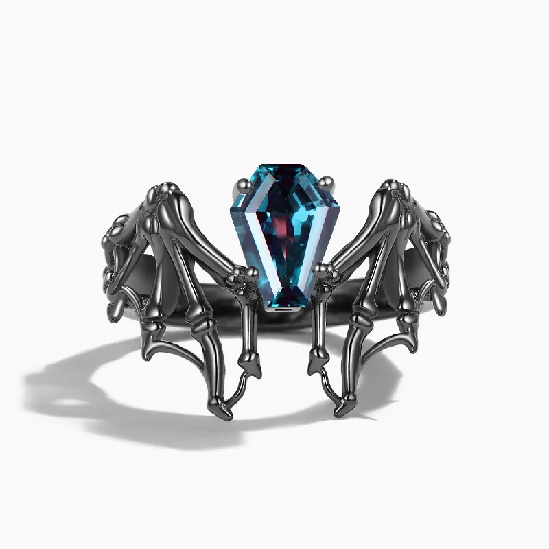 Bright band rings-Coffin Cut Color-Change Alexandrite Black Wedding Ring Gothic Skull Bat Engagement Ring