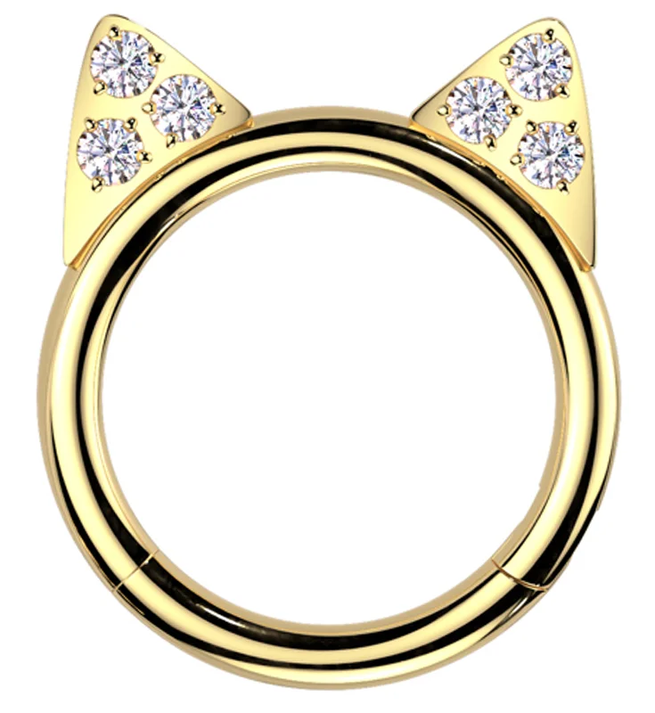 Hand-bright rings-Gold PVD Cat Ears Clear CZ Titanium Hinged Segment Ring