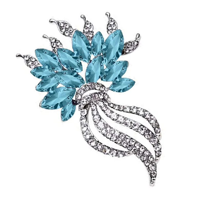 Thick enamel brooches-Mahi Rhodium Plated Exquisite Designer Aqua Blue Crystal Brooch for girls and women