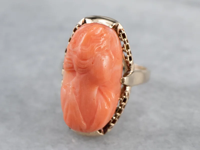 Light texture rings-Vintage Coral Cameo Rose Gold Ring