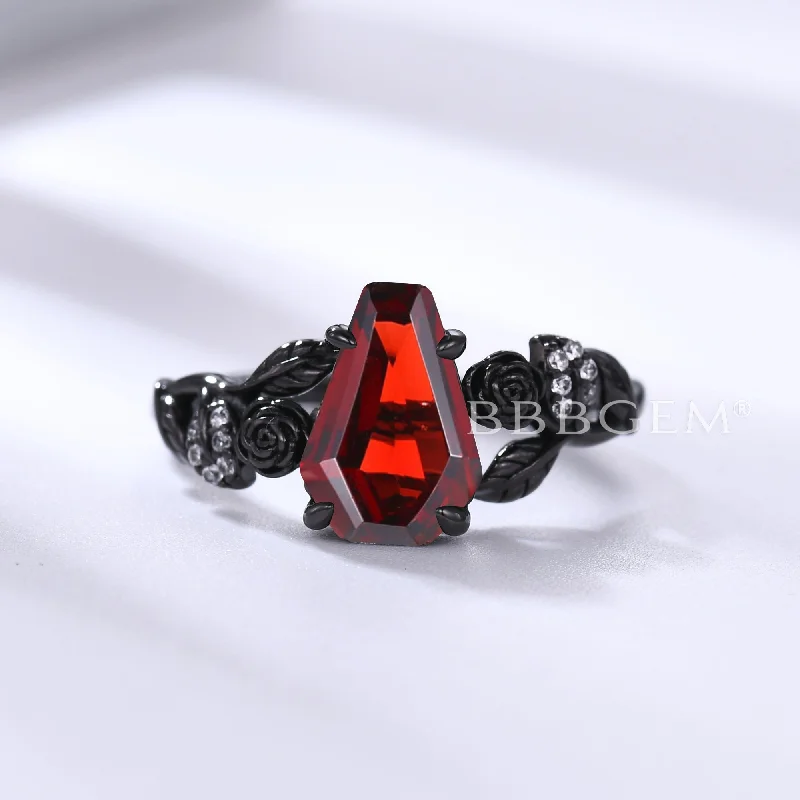 Deer motif rings-Coffin Cut Natural Garnet Leaf Floral Ring Black Gold Gothic Engagement Ring