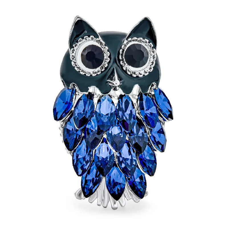 Tassel detail brooches-Lucky Large Fashion 3D Navy Blue Crystal Owl Brooche Pin for Scarves