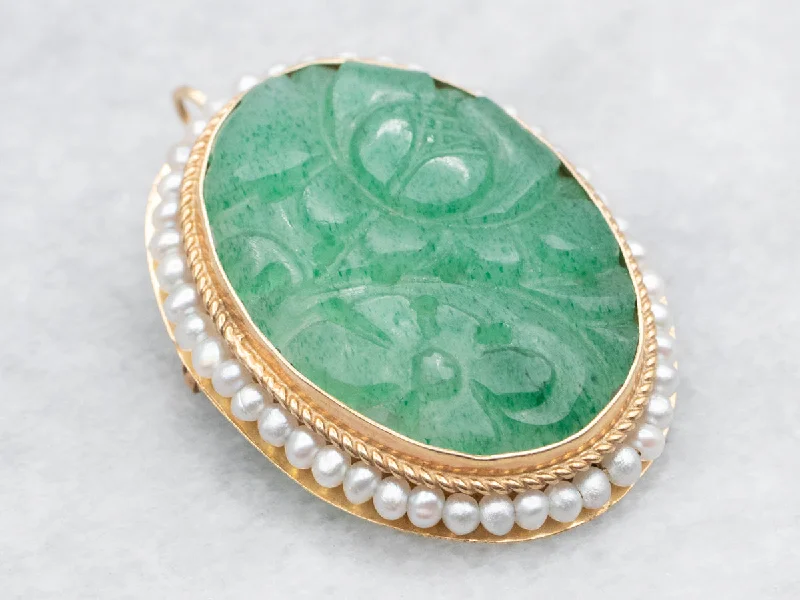 Glass bead brooches-Carved Jadeite and Seed Pearl Brooch or Pendant