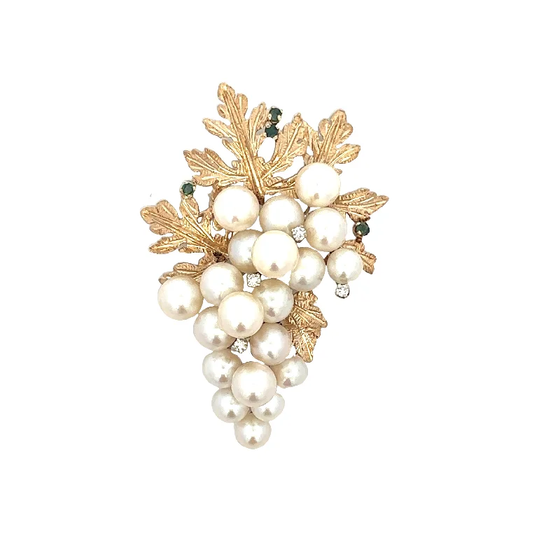 Butterfly motif brooches-Vintage 1960s Akoya Cultured Pearl, Emerald and Diamond Brooch