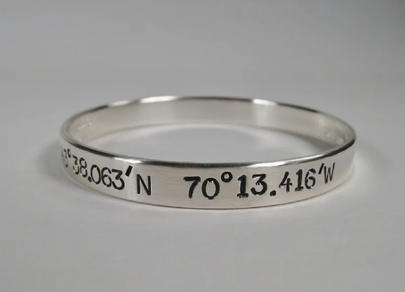 Java tile bracelets-Sterling Silver Bangle w/ Latitude & Longitude, 8mm, Large text