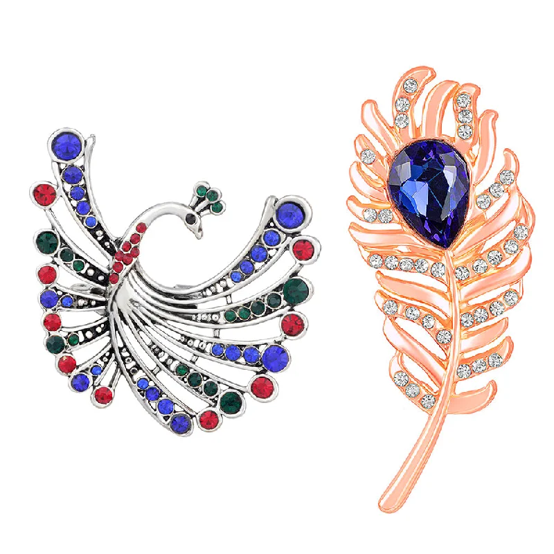 Sapphire gem brooches-Mahi Combo of Peacock and Peacock Feather Shaped Wedding Brooch / Lapel Pin with Multicolor Crystals for Men and Women (CO1105464M)