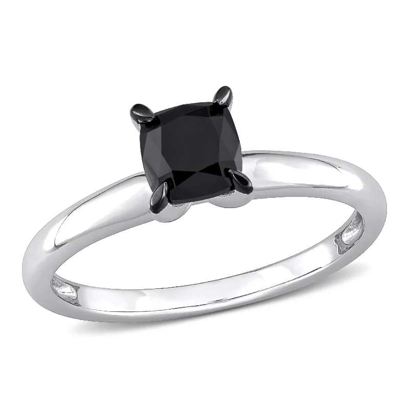 Lustrous silver rings-Mimi & Max 1ct TW Cushion Cut Black Diamond Solitaire Engagement Ring 14k White Gold