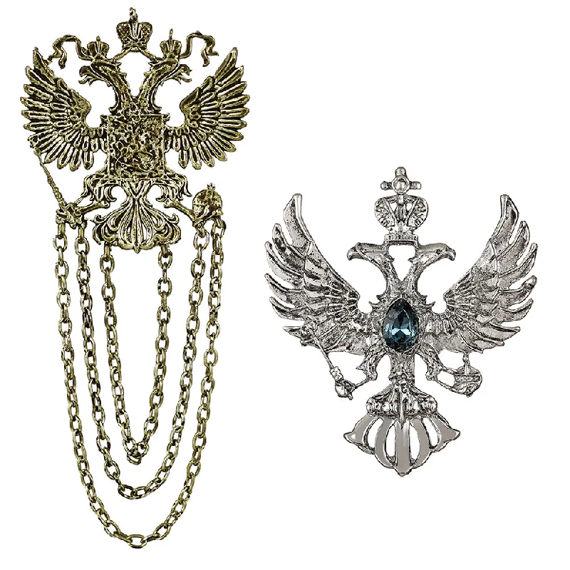 Crystal embellished brooches-Mahi Combo of Dual Head Flying Eagle Shaped Layered Chain Wedding Brooch / Lapel Pin with Blue Crystals for Men (CO1105473M)