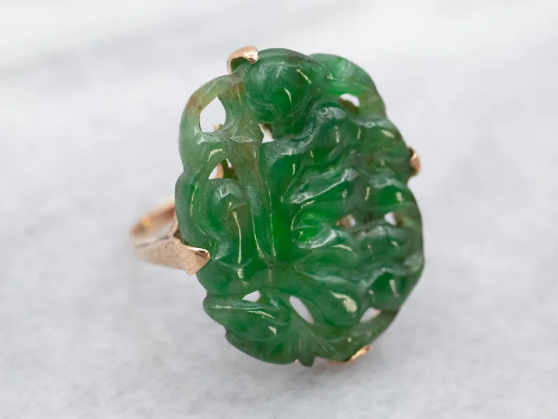 Astro theme rings-Botanical Carved Jade Cocktail Ring