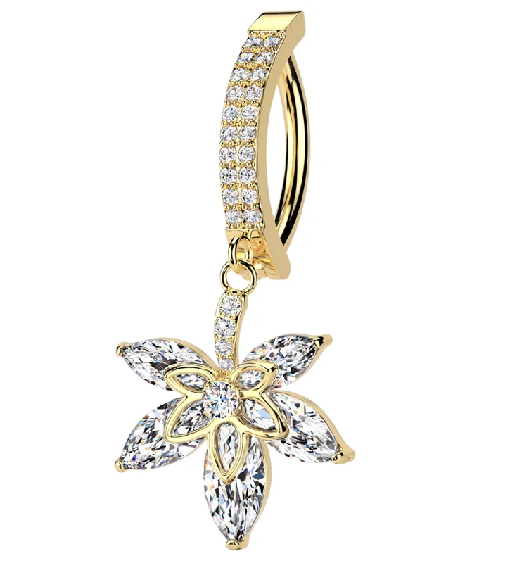 Old lock rings-Gold PVD Hemp Leaf Dangle Clear CZ Stainless Steel Hinged Belly Button Ring