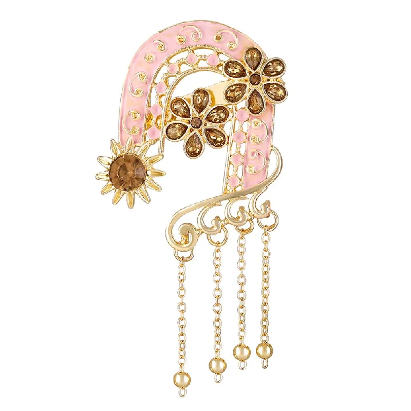 Labradorite brooches-Mahi Light Pink Meenakari Work Enamel Floral Design with Hanging Chain Shervani / Indowestern Brooch for Men (BP1101120GLPin)