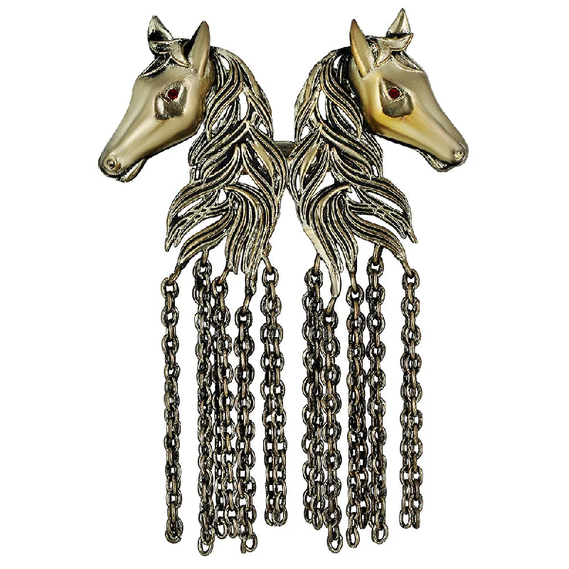 Star motif brooches-Mahi Antique Gold Plated Dual Horse Shaped Chain Sherwani Brooch for Men (BP1101099G)