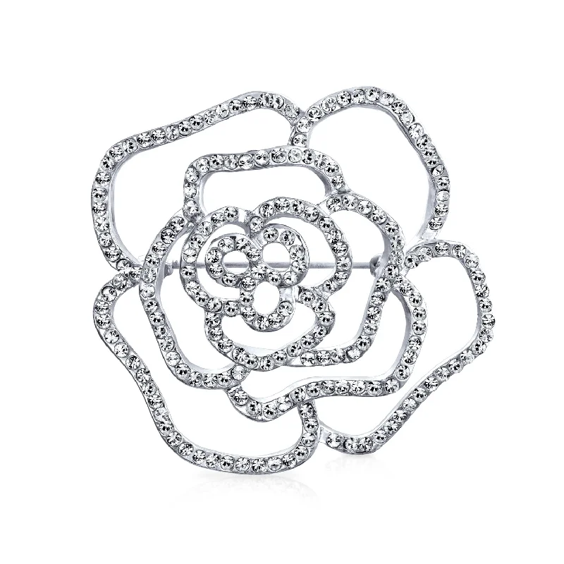 Celestial charm brooches-Large Fashion Statement Rose Flower Brooche Pin with Sparkling Crystals Silver Tone