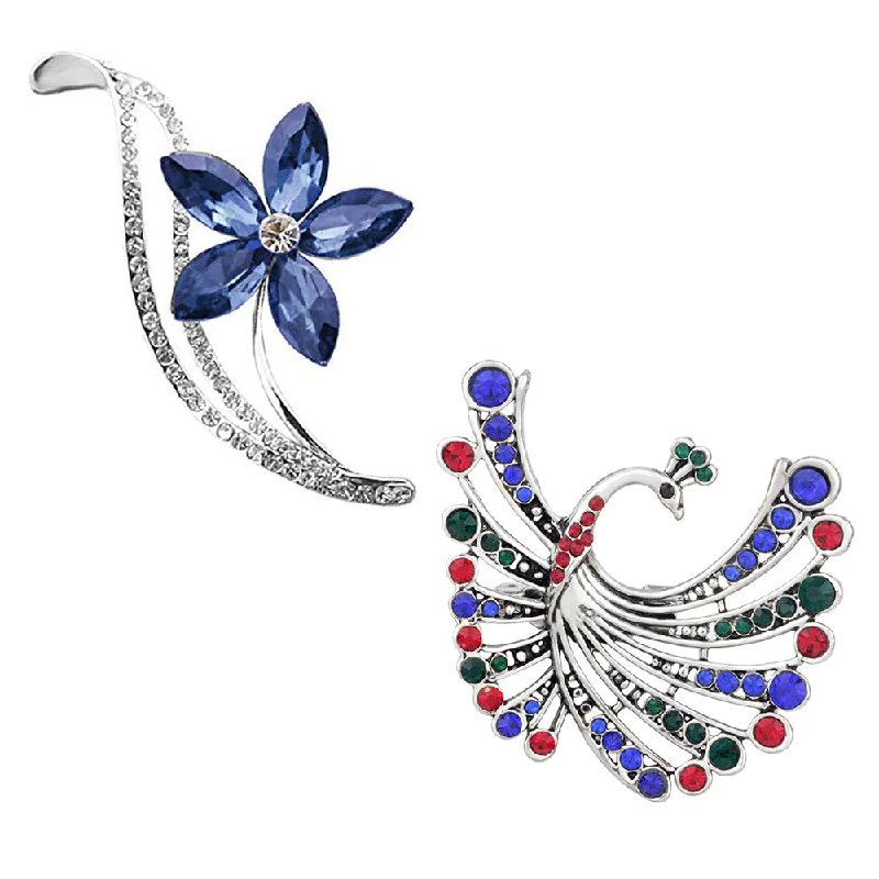 Double-layer brooches-Mahi Combo of Floral and Peacock Shaped Wedding Brooch / Lapel Pin with Multicolor Crystals for Women (CO1105454R)