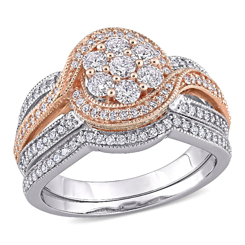 Wide cocktail rings-Mimi & Max 1ct TDW Diamond Bridal Set 14k Two-Tone White and Rose Gold