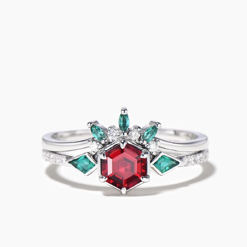 Verdigris bronze rings-1ct Hexagon Cut Ruby Emerald Bezel Half Eternity Wedding Ring Set Platinum