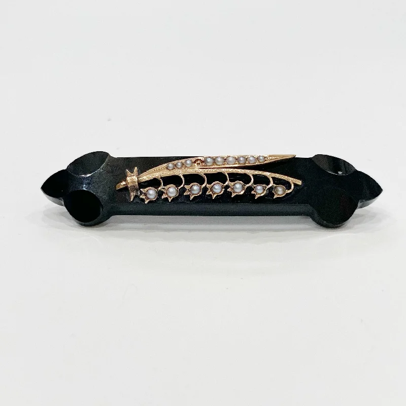 Filigree design brooches-Estate Collection Brooch - Bar Pin Victorian Black Onyx and Seed Pearl