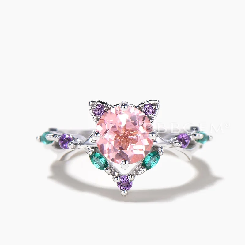 Shiny druzy rings-1ct Round Padparadscha Sapphire Ring Pink Sapphire Cat Design Multi-Stone Ring