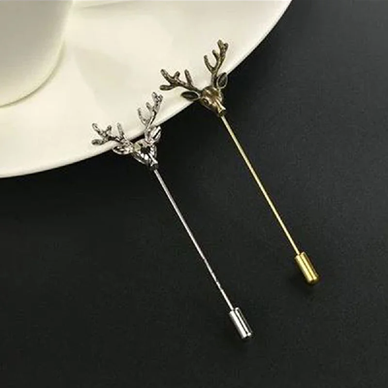 Angel wing brooches-Mahi Combo of Golden and Silver Deer Face Shaped Wedding Lapel Pin / Brooch fro Men (CO1105625M)