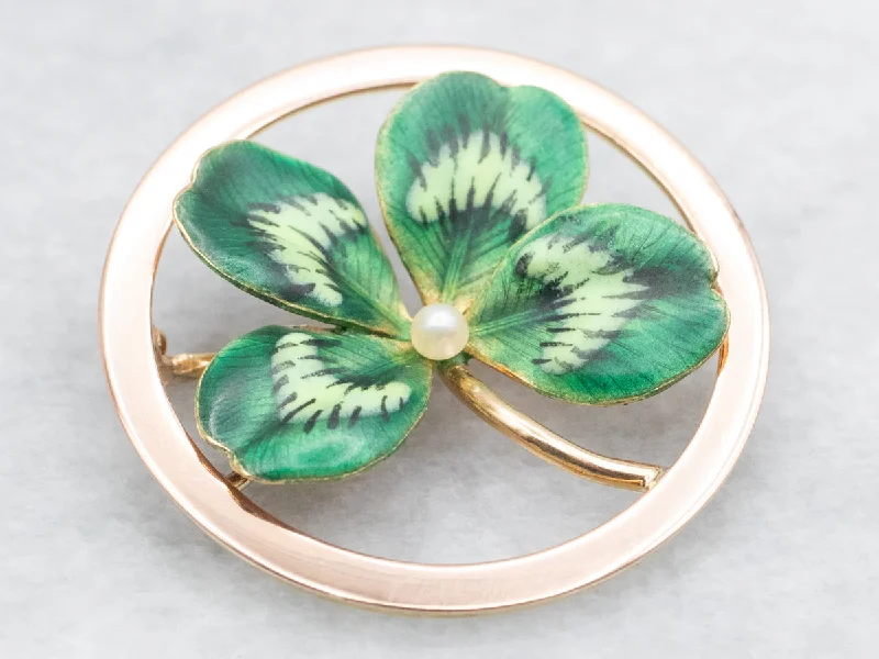 Rustic floral brooches-Enamel and Seed Pearl Four Leaf Clover Brooch