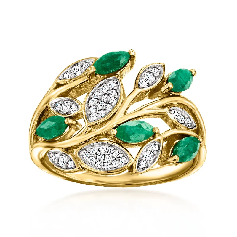 Bright name rings-Ross-Simons Emerald and . White Topaz Leaf Ring in 18kt Gold Over Sterling