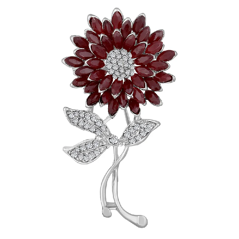 Minimalist pin brooches-Mahi Red and White Crystals Sunflower Brooch / Lapel Pin for Women (BP1101087RRed)